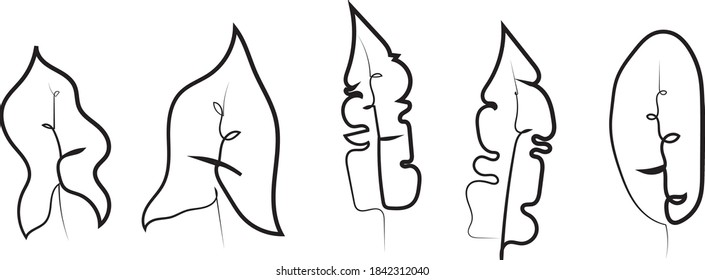 Continuous line botanical art. Five abstract leaves contour drawing