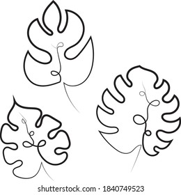 Botanische Kunst in der kontinuierlichen Linie. Drei Monstera-Blätter ziehen Kontur-Zeichnung