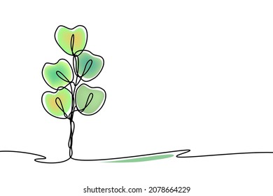 Dibujo continuo del árbol botánico de la línea. Hojas de contorno negro y de gradiente verde. Ilustración vectorial aislada en fondo blanco. Concepto de naturaleza, ecología, postal, logotipo, lugar de texto