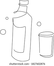 Línea continua, botella y vidrio. Dibujo de un trago. (Dibujo de la ilustración del vector con un plano de línea)