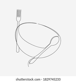Continuous line, Bowl, spoon and fork. Drawing of set food. (Vector illustration one line drawing)