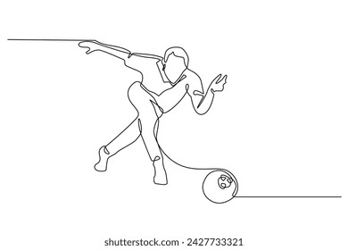 continuous line of bowling athlete.one line drawing of athlete throwing bowling ball towards bowling pins.bowling line art isolated white background