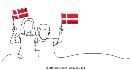 Línea continua de niño y niña con la bandera de Dinamarca. Un dibujo de línea de hijo e hija con la bandera de Dinamarca. Día de la independencia de Dinamarca. Vector de una sola línea