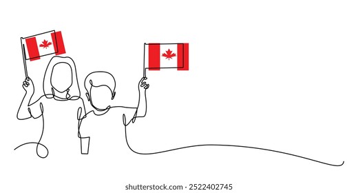linha contínua de menino e menina carregando bandeira canadense.um desenho de linha de menino e menina com bandeira canadense.canadá independência day.single vetor de linha