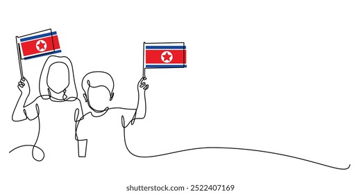 continuous line of boy and girl carrying north korea flag.one line drawing of boy and girl with north korea flag.north korea independence day.single line vector