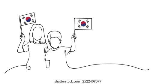continuous line of boy and girl carrying south korea flag.one line drawing of boy and girl with south korea flag.south korea independence day.single line vector