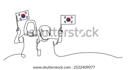 continuous line of boy and girl carrying south korea flag.one line drawing of boy and girl with south korea flag.south korea independence day.single line vector