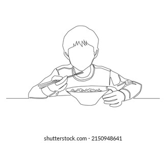 Continuous line of boy holding chopsticks eating noodle vector.

