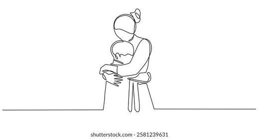 continuous line of boy hugging mother.one line drawing of mother and son hugging tightly.single line vector illustration of family warm relationship.isolated white background