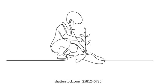continuous line of boy planting tree seedlings.one line drawing of boy planting seeds.single line vector illustration of go green symbol sign.isolated white background