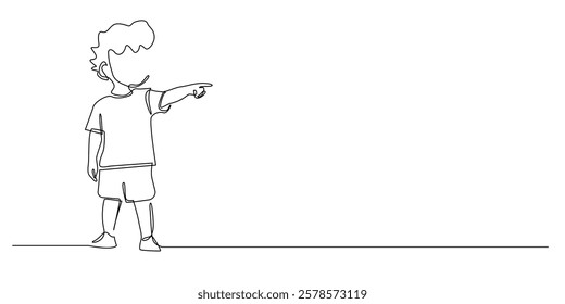 continuous line of boy pointing with finger.one line drawing of boy character pointing towards right.single line vector illustration.isolated white background