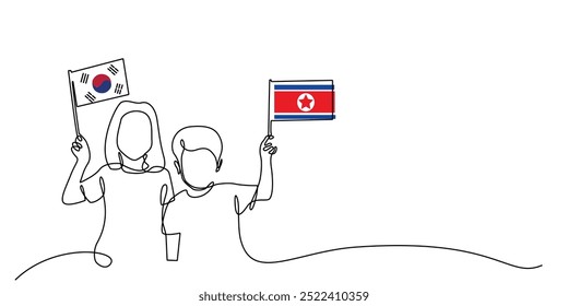 linha contínua de meninos e meninas carregando as bandeiras da coreia do sul e da coreia do norte.relações bilaterais da coreia do norte e da coreia do sul.vetor de linha única.uma linha desenhando vetor ilustração