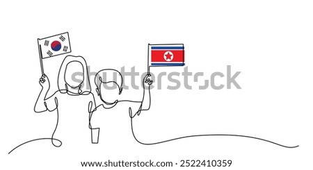 continuous line of boys and girls carrying the flags of south korea and north korea.bilateral relations of north korea and south korea.single line vector.one line drawing vector illustration