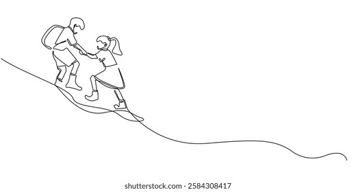 continuous line of brother helping sister.one line drawing of brother pulling sister's hand while adventuring outdoors.single line vector illustration