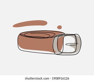 Continuous Line, Brown Leather Belt. Drawing Of Set Fashion. (Vector Illustration One Line Drawing)