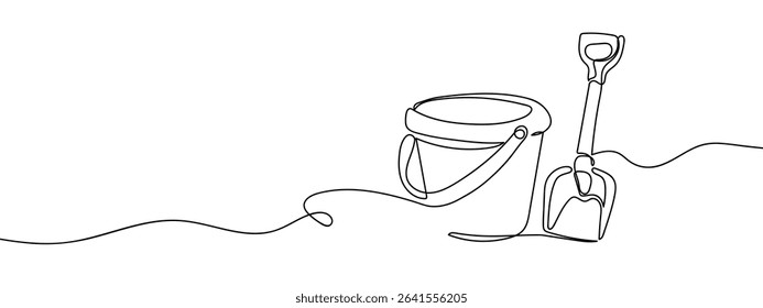 Continuous line, bucket and shovel Hand drawn vector art lines on transparent background.
