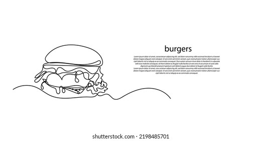 continuous line of burgers. line drawing of stuffed burger isolated on a white background