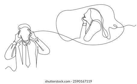 continuous line of business man dizzy thinking about woman.business man holding his head.one line drawing isolated white background