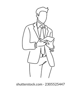 continuous line business man mobile phone tablet media technology online conferencing hand drawn illustration vector