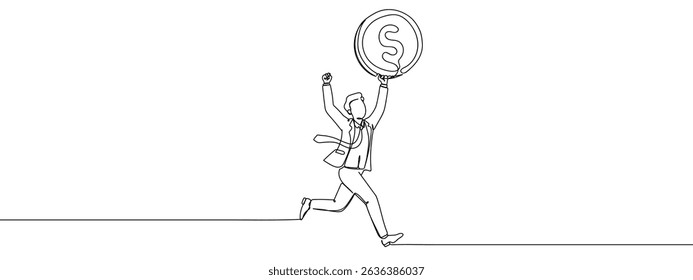 Continuous line, business man running holding a coin on his head, financial business illustration, success, aiming for the goal line art vector.