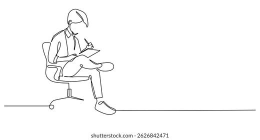 continuous line of business man sitting on chair and writing on notepad.one line drawing for businessman,office worker.line art vector illustration