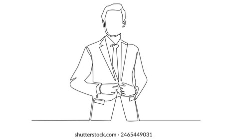 línea continua de hombre de negocios que ordena suit.one línea dibujo de hombre joven que lleva traje al trabajo