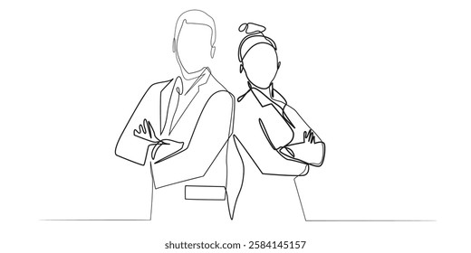 continuous line of business people man and woman.single line drawing portrait of man and woman standing folding hands.single line drawing vector illustration.isolated on white background