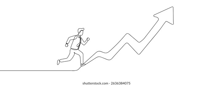 Continuous line, business people, running on arrow, business illustration, success, aiming towards the goal line art vector.