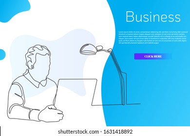 Continuous line Business people sitting and working With computer Network communication
for internet advertising.
Influencer marketing, social media or network promotion, SMM banner, landing page,