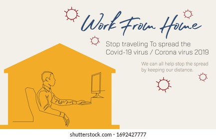 Continuous line business  using a laptop a hand drawn style vector  illustrations.Working at home to prevent virus infection
Working  at desks  of students studying at home