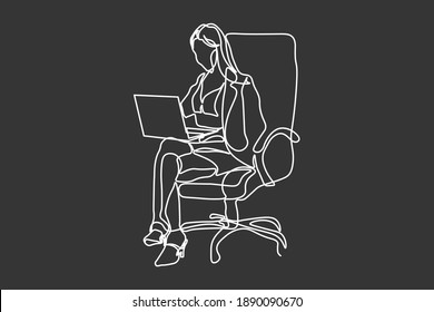 Continuous line Business woman, administrative secretary, clerk using computer, working, making documents, meeting, vector illustration