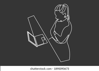 Continuous line Business woman, administrative secretary, clerk using computer, working, making documents, meeting, vector illustration