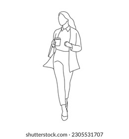 Continuous line, business woman, young woman walking with a cup of coffee hand drawn illustration vector