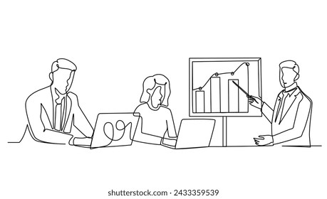 continuous line businessman and businesswoman discussing in the office meeting room. Business meeting and presentation concept one line draw design vector illustration	