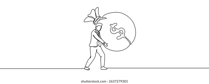 Continuous line. Businessman is carrying a big bag of money with a dollar sign in the middle. Illustration of business finance, investment, goal. Line Art Vector Transparent Background.
