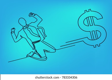 
Continuous line. Businessman and dollar on a blue background. Illustration.