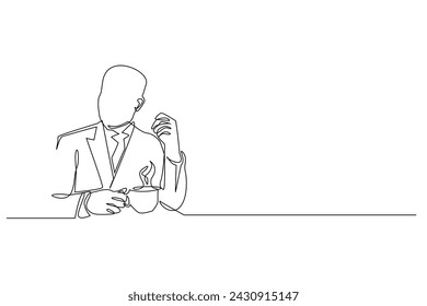continuous line of businessman drinking coffee.one line drawing of businessman relaxing enjoying a cup of coffee.single line vector illustration.isolated white background