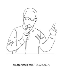 Continuous line of Businessman with glasses holding a microphone, left hand point up to the air. Man having speech in public vector.