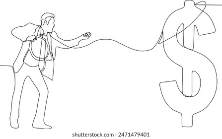 continuous line A businessman high on top of a building tied a large gold dollar sign to the lasso he had just thrown.