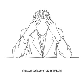 Continuous line of businessman holding the head with hands. Businessman has stess and headache vector.