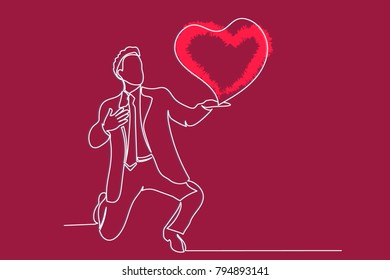 continuous line. A businessman, a man in a suit and tie, is standing on one knee and holding his heart in his hand. Lines on a red background. Card.