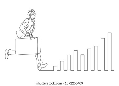 Continuous line businessman running graph style hand drawn vector illustration