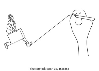 Continuous line Businessman running and hand writing business concept design flat style vector illustration