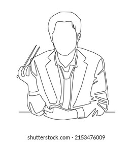 Continuous line of Businessman sitting at table his hand holding chopsticks preparing to eat 