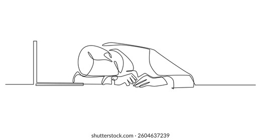 continuous line of businessman sleeping in front of laptop.single line drawing of businessman too tired with work.single line vector illustration.isolated on white background