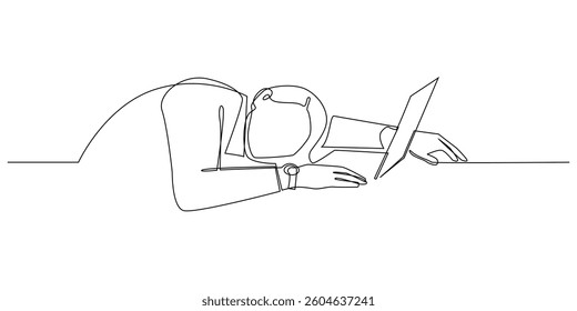 continuous line of businessman sleeping in front of laptop.single line drawing of businessman too tired with work.single line vector illustration.isolated on white background