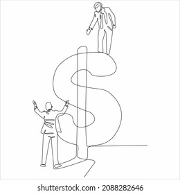 
línea continua Businessman tratando de ayudar a su equipo a esbozar ilustración vectorial del signo naranja del dólar dibujado a mano con líneas negras aisladas en fondo blanco. Concepto de negocio.