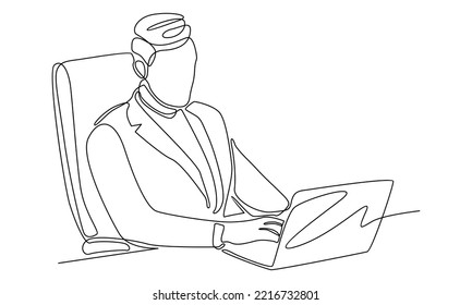 continuous line of busniessman sitting with laptop computer