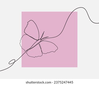 Continuous line, Butterflies flying on white. Drawing of set animal. (Vector illustration one line drawing)