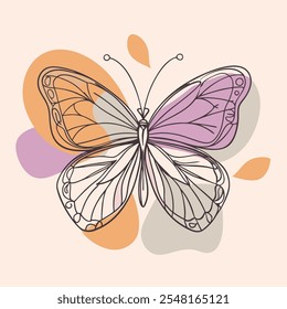 Continuous line butterfly art. Outline single art butterfly hand drawn sketch element on white background. Concept spring nature, fly. Vector Illustration